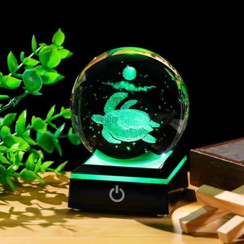 Image of Arikyrist 3D Crystal Ball Sea Turtle Figurine with LED Base Laser Sea Turtle Gifts for Women Men on Christmas Birthday Decorative Turtle Ball Glass Sea Turtle Globe Night Light for Home Decor (80mm)