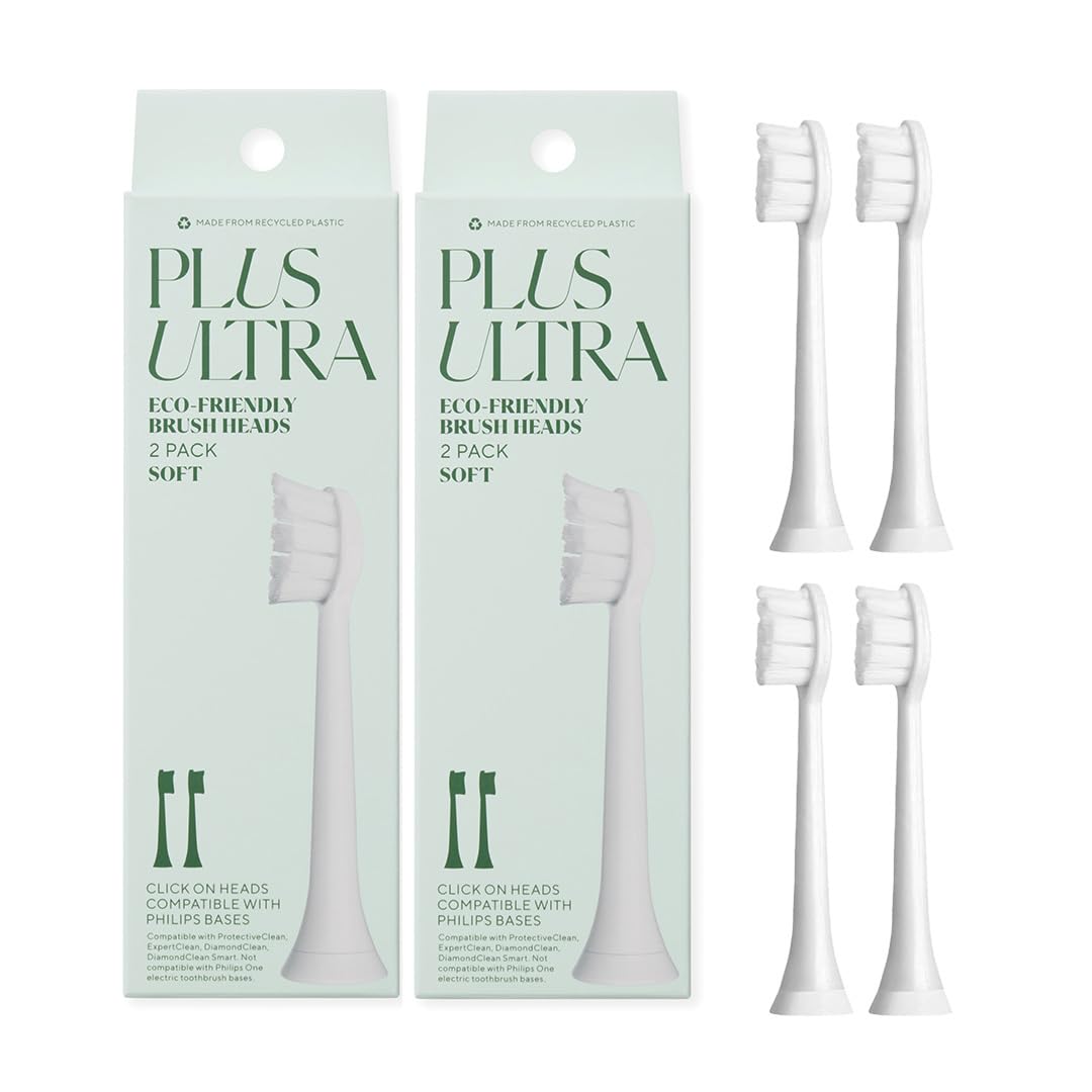 Plus Ultra Eco Friendly Toothbrush Replacement Heads 4 Pack | Designed for Sonic Powered Electric Toothbrushes | Made with Recycled Plastic | Soft