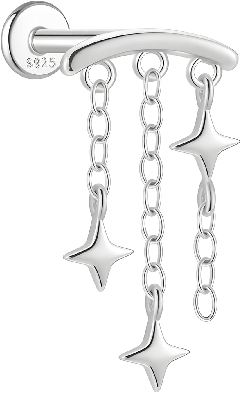 Sterling Silver 925 Flat Back Earring for Women Hidden Helix Piercing Jewelry 16G Star Moon Dangle Cartilage Internally Threaded Tragus Conch Stud Screw Cubic Zirconia Ear Ring