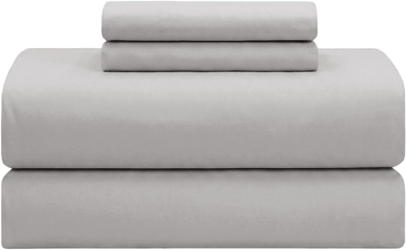 Feather & Stitch Softest 100% Cotton Sheets, 300 Thread Count Percale Weave Bedding, 16" Deep Pocket, Cooling Sheets, Breathable Bed Set, Hotel Premium Quality (Queen, Grey)