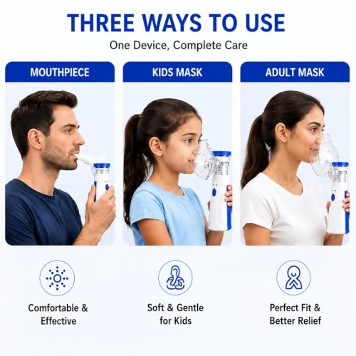 Image of Nebulizer Portable Mesh Nebulizer Machine for Adults & Kids | Silent, Compact & Powerful Inhaler | Fast Relief for Cough, Cold, Asthma & Bronchitis | Handheld Vaporizer with Mask for Travel & Home Use inch