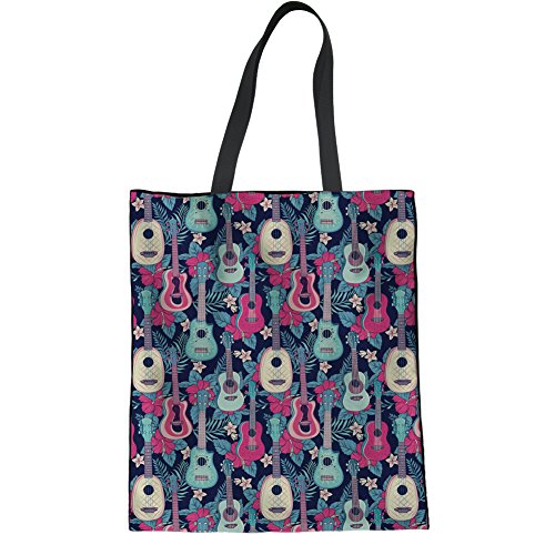 HUGS IDEA Tropical Ukulele Linen Tote Bag Fashion Shoulder Bag Student College Bag Bookbags