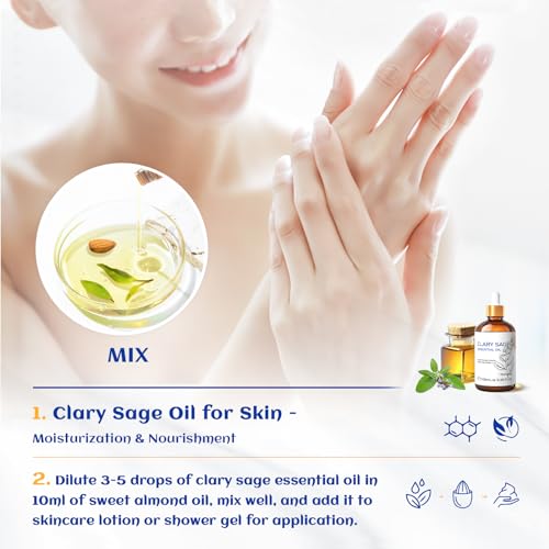 Image of HIQILI Clary Sage Oil Essential, Herbal Sooth Aroma in Diffuse, Meditation, Calming Sleep at Bedtime, Body Massage, Moisturize Skin, DIY Deodorant Spray - 100ML
