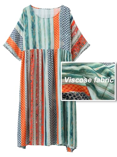 Image of Women Summer Dress with Pockets Plus Size Boho Floral Print Round Neck Loose Casual Flowy Dress