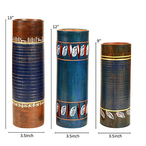 Image of Aakriti Art Creations Autumn Leaf Blue Earthen Vase Set of 3 | Tubular Shape Terracotta Flower Vases | Matte Finish Floral Art Decorative Vases for Living Room, Floor Decor & Gifting