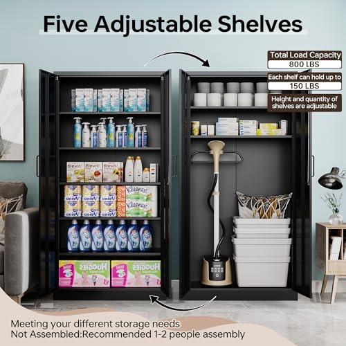 AFAIF Metal Garage Cabinets, 72\" Tall Locking Storage Cabinets with 2 Doors and 5 Adjustable Shelves, Steel Utility Tool Cabinet, Black Lockable Outdoor Storage Cabinet for Pantry, Garage, Home Office