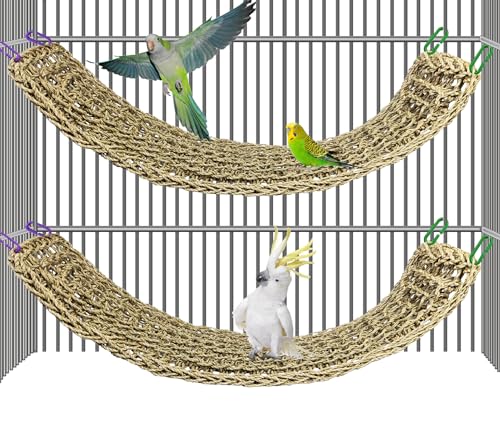 Image of 2Pcs Bird Seagrass Mat 30 x 7 inch Natural Grass Woven Net Hammock with Hooks Climbing Rope Ladder Chew Toys Hanging on Parrot Cage for Lovebird Pigeon Cockatiel Conure Budgie Cockatoo
