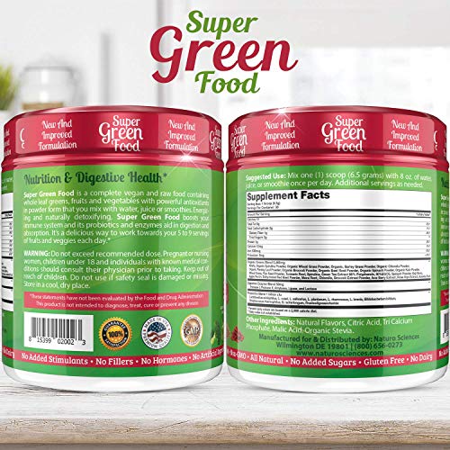 100% Natural Greens Powder, Over 10 Hard to Get Superfoods, Greens Supplement Powder 1 Month's Supply, Green Organic Blend with 1 Billion CFU Probiotics and 500mg Turmeric, Berry Flavor