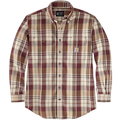 Carhartt Men's Standard Flame Resistant Force Rugged Flex Loose Fit Midweight Twill Plaid Shirt, Port/Oat Milk, Large