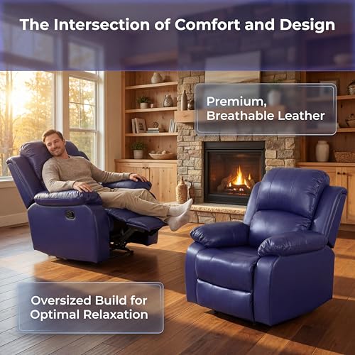 Image of Single Leather Manual Recliner Chair, Oversized Lazy Boy Recliner with Home Theater Seating, Breathable Living Room Reclining Chair for Adults Reading, Gaming, Relax, Dark Blue