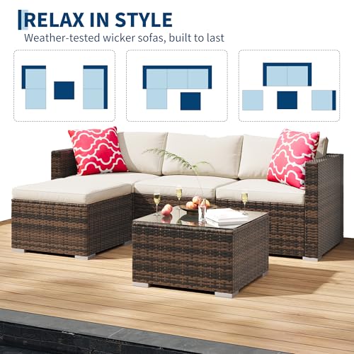 Image of GAOMON 5 Pieces Patio Furniture Sets All Weather Outdoor Sectional Patio Sofa Manual Weaving Wicker Rattan Patio Seating Sofas with Cushion and Glass Table