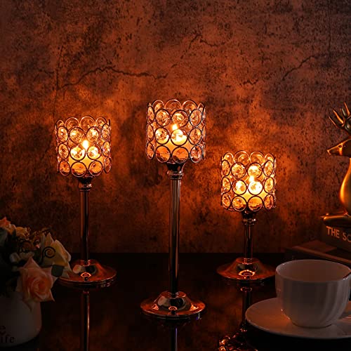 Mumufy 6 Pieces Crystal Candle Holders Set 3 Sizes Tall Crystal Wedding Candlestick Holders Pillar Candelabra Stand for Table Centerpieces for Christmas Party Wedding Dining Decoration (Gold) - Image 3