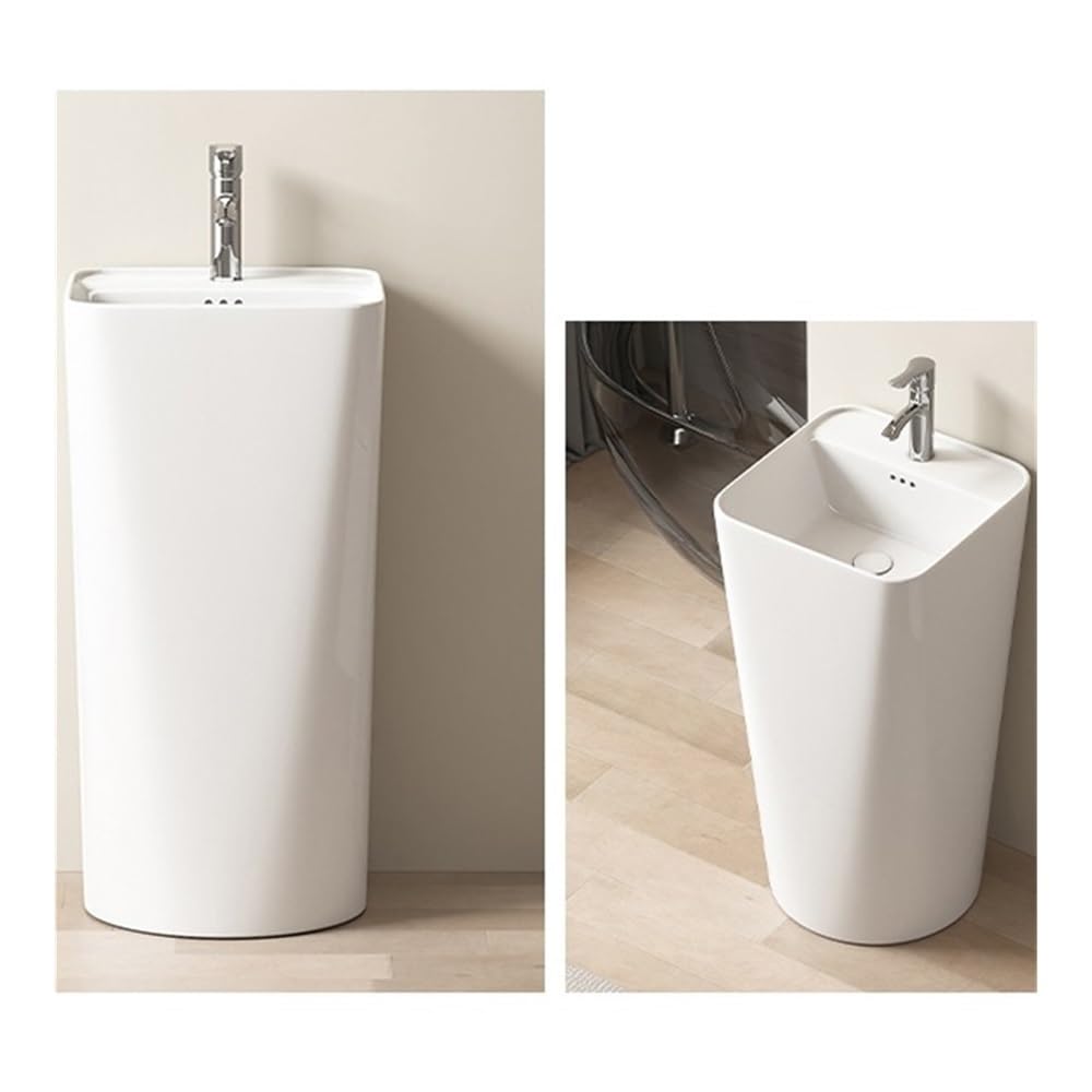 Biały porcelanowy zlew na cokole ze srebrnym kranem i zestawem odpływowym elegancki zestaw umywalkowy łazienkowy nowoczesny design do remontu domu