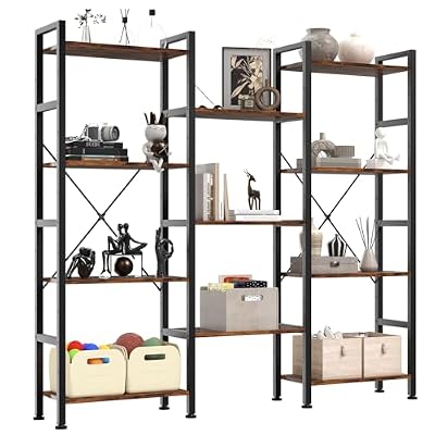 DUMOS Triple Column 4 Tier Bookshelf, Wide Industrial Bookcase, Brown