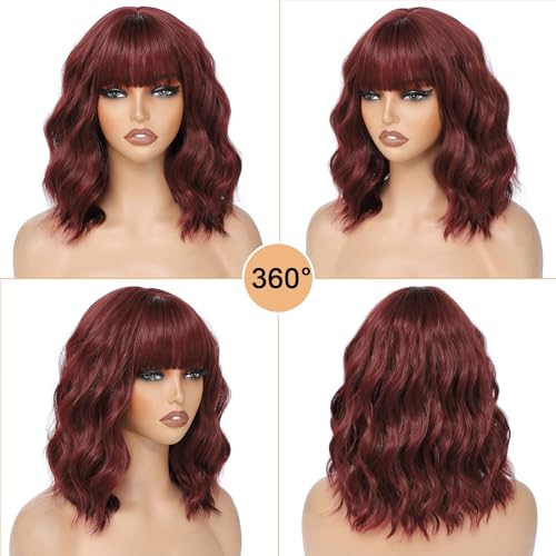 Image of Wine Red Short Wavy Wigs with Bangs Burgundy Wig Shoulder Length 14Inch Synthetic Hair for Women Girl Colorful Cosplay Wig Synthetic Heat Resistant Fiber Hair for Daily Party Halloween(118A#WineRed)