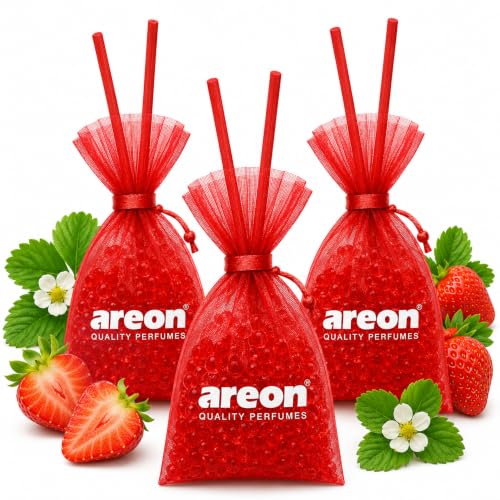 Image of AREON Pearls Strawberry Car Air Freshener - Hanging Odor Eliminator for Car Home Office - Long Lasting Quality Perfume Fragrance Beads - Fresh Fruity Strawberry Scent Air Freshener (Pack of 3)