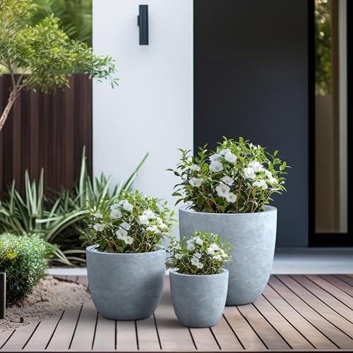 Image of Kante Set of 3 Blue Gray Concrete Bowl Planters 18 inch 14 inch 10 inch Dia