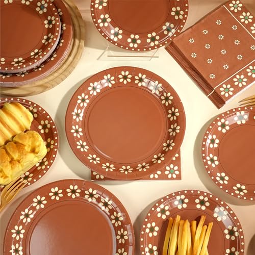 Image of 100 Pcs Cielito Lindo Plates Platos De Barro Mexicanos Mexican Party Plates and Napkin Set Mexican Fiesta Birthday Decoration Supplies Tableware Terracotta Flower Clay Pottery Party Favor Serves 25