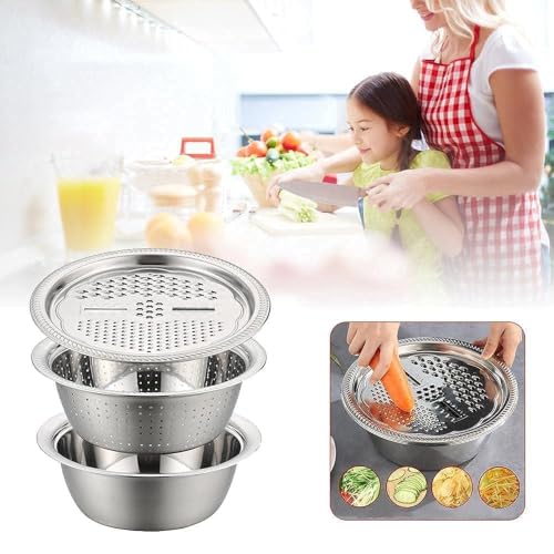 Image of Stainless Steel Colander with Mixing Bowl Set - Heavy Duty Microporous Strainer Basket for Washing Rice, Fruits & Vegetables (3 in 1 Strainer Drainer Cutter)
