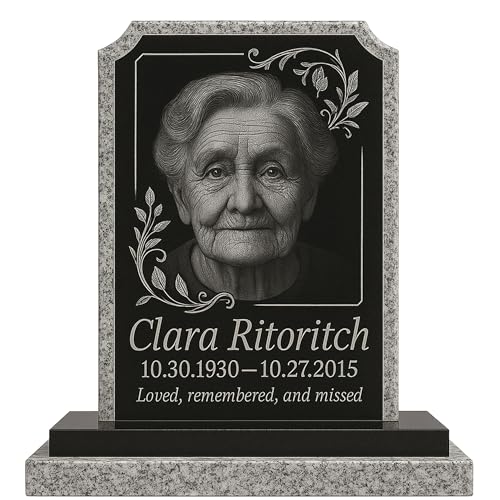 Granite Headstone for Cemetery – Upright Black Memorial Monument with Base – Classic Polished Religious Grave Marker – Custom Engraving, Durable Outdoor Use, 19' Vertical Plaque (White)