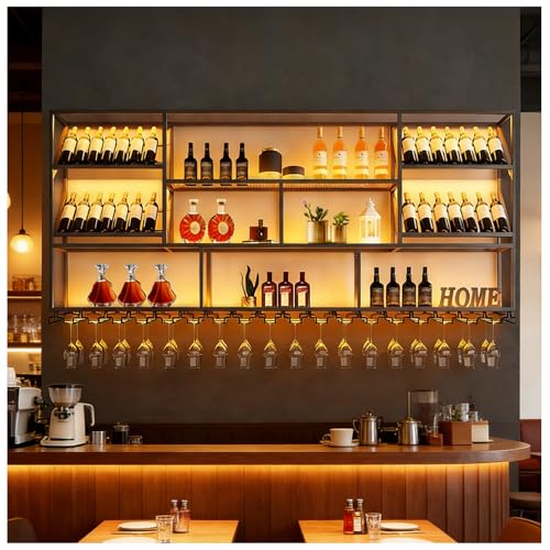 Industriell Estante para Vino Montado en la Pared, Bar de Licor de 3 Niveles Copas Portavasos para Copas, Soporte Flotante para exhibición de Vino, para Cocina, Bar, Cafetería y decoración (150cm)
