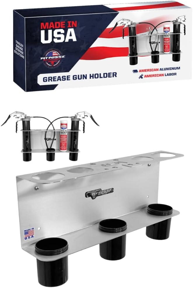 Pit Posse PP3363 Hand Grease Gun Tube Holder Rack - Made in USA - Holds 2 Grease Guns- Garage Organizer Aluminum Storage Caddy Wall Mount Accessory for Enclosed Trailer, Shop, or Garage (Silver)