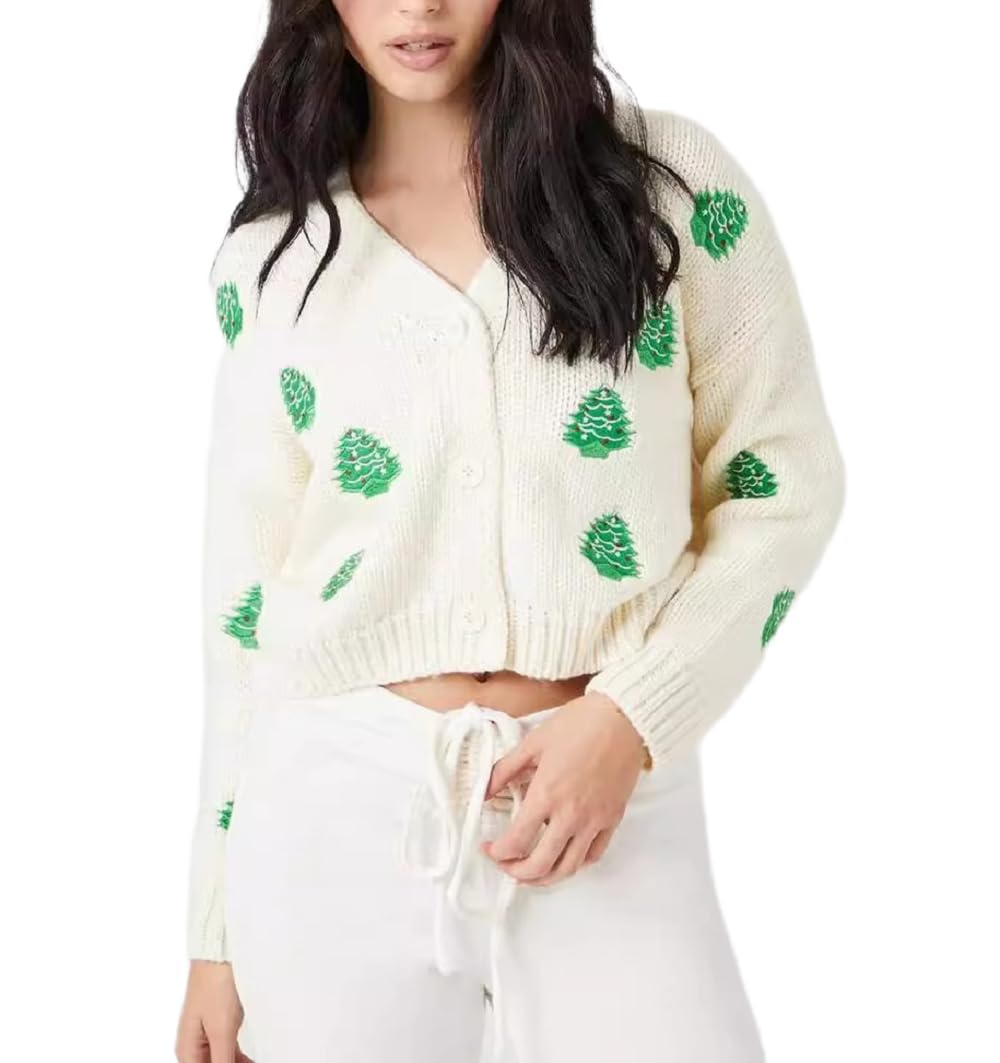 Women Christmas Sequins Cardigan Funny Graphic Button Down Sweater Open Front Knit Crop Cardigan Xmas Knitwear