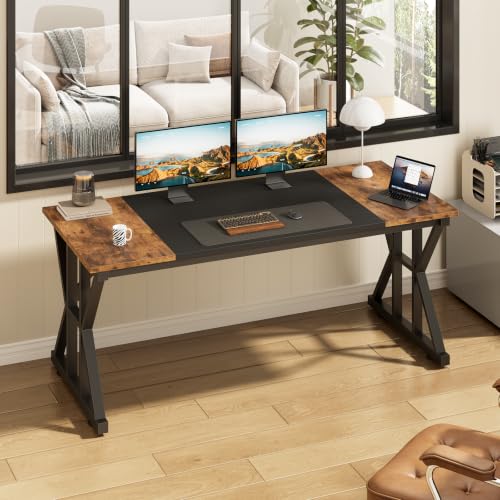 Image of 55 inch Large Computer Desk with Thickened Frame for Home Office, Living Room | Modern Simple Executive Desk, Larger Gaming Desk with X-Shaped ReInchforcement, Rustic Brown /Black
