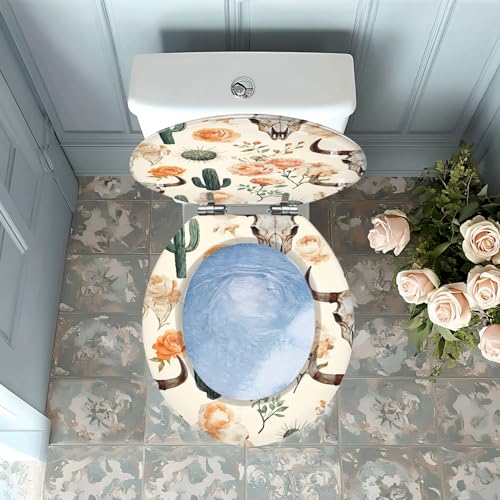 Asiento de inodoro con diseño de calavera de vaca y cactus estilo boho 5