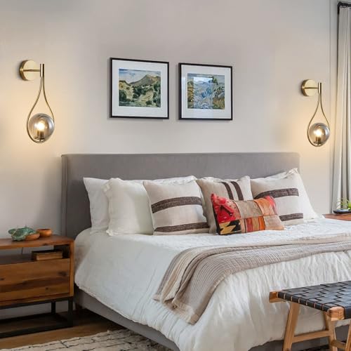 Image of KCO Lighting Teardrop Wall Lights Brushed Gold Wall Sconces Bedroom Brass Glass Globe Wall Sconces Set of Two Vintage Bathroom Vanity Light Fixtures