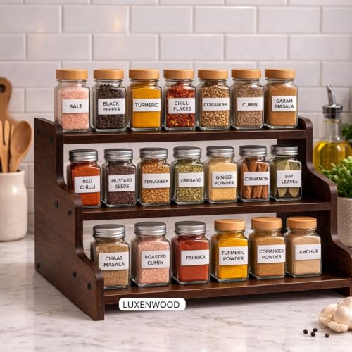 Image of 3 Tier Wooden Kitchen Organizer Rack for Countertop | Wooden Spice Rack Stand for Kitchen Counter | Kitchen Shelf Organizer & Cabinet Shelf Riser | Decorative Masala Rack Storage Stand | Dark Brown
