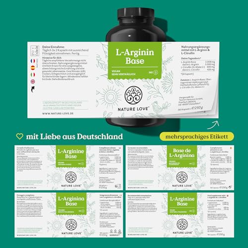 NATURE LOVE® L-Arginin Base mit Citrullin - 365 Kapseln - Hochwertiges pflanzliches Arginin in BASE Form mit 99,7+% Reinheit - Hochdosiert, vegan, in Deutschland produziert