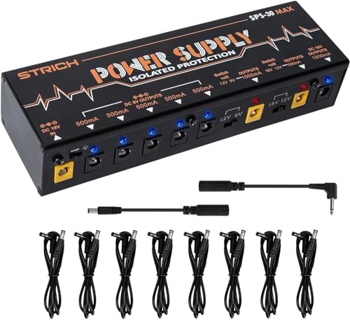 STRICH Guitar Pedal High Power Supply, Pedalboard Power Supply with 8 Totally True Isolated DC 9V/12V/18V Outputs(500mA/1000mA), Power Supply for Power-hungry Effect Pedal, Noiselessly, SPS-30 MAX