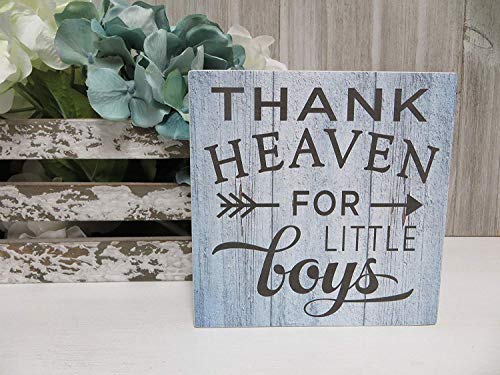Fprqlyze Boys Sign Thank Heaven for Little Boys Wooden Wall Sign Plaque Boys Room Decor Boys Nursery Decor Wood Kid's Sign 12x12 inches Wall Art Decoration