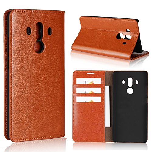 iCoverCase Compatible with Huawei Mate 10 Pro Case, Genuine Leather Wallet Case [Slim Fit] Folio Book Design with Stand and Card Slots Flip Case Cover for Huawei Mate 10 Pro(6 inch)(Khaki)