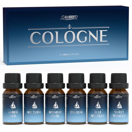 SALUBRITO Cologne Fragrance Oils, Premium Essential Oil Set for Diffuser, Soap, Candle Making Scents, Amber Oud, Midnight Musk, Blue Mystique, Sweet Tobacco, Nocturne, Cologne