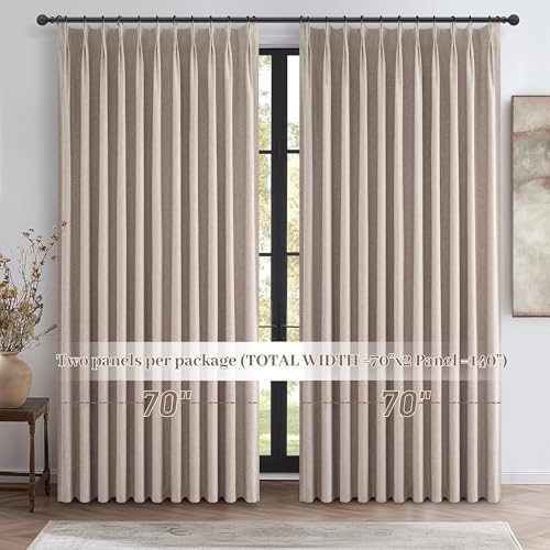 Image of Extra Wide Thick Burlap Blackout Patio Door Curtains for Sliding Glass Door 2 Panels Set, Farmhouse Boho Pinch Pleated Flax Linen Blend Energy Efficient Bedroom Window Large Drapes (70 inchWx84 inchL)
