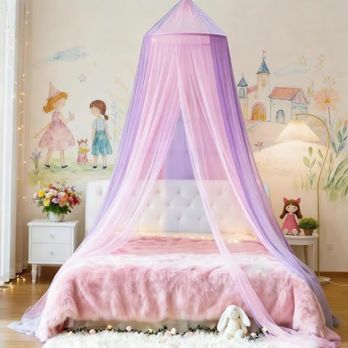 Image of Two-Tone Bed Canopy Mosquito Net, Bed Canopy for Girls Room Decor - Insect Protection Hanging Canopy for Indoor(Pink+Purple,with 250pcs Warm Lights)