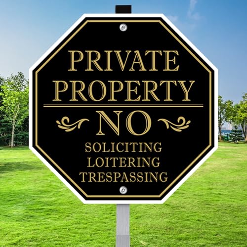 No Trespassing Signs Private Property No Soliciting Sign for House 10 x 10 Inches No Loitering Aluminum Metal Signs with 28 Inches Long Stakes for Outdoor Yard (Black/Gold 10 x 10 inches)