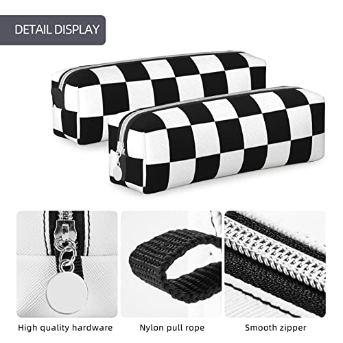 Image of Leather Pencil Case - Black White Race Checkered Flag Pattern, Stationery Bag Pen Organizer Makeup Cosmetic Holder Pouch for School Work Office College