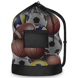 Extra Large Sports Ball Bag, Mesh Soccer Team Balls Bag, Drawstring Sport Equipment Storage Bag for Basketball, Beach Cloth and Swimming Gears with Adjustable Shoulder Strap & Front Pocket(30” x 40”)