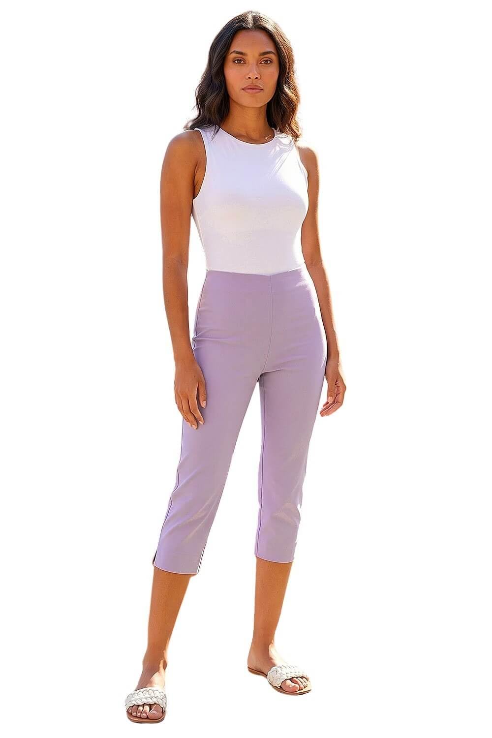 Roman Cropped Trousers for Women UK Ladies Capri Leggings Summer Pants Short Crop Stretch 3/4 Length Three Quarter Pedal Pusher Clothes Elasticated Bengaline Cut Off - Lavender - Size 12