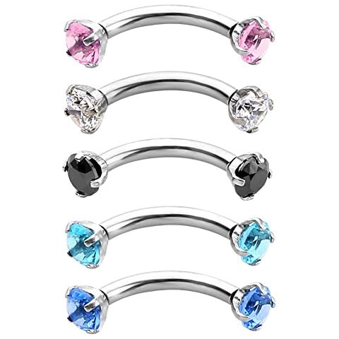 PiercingJ 2-5PCS 16G 3/8" (10MM) Stainless Steel Cubic Zirconia Gem(3MM) Internally Thread Curved Barbell Eyebrow Piercing Jewelry Cover