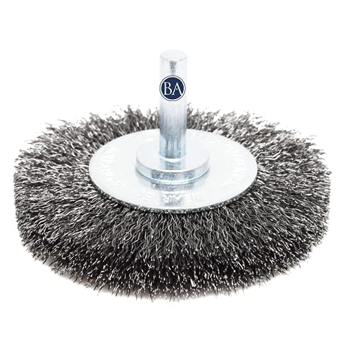 Image of Benchmark Abrasives 3 Inch Grinder Mounted Crimped Wire Wheel for Drill with 1 /4 inch Shank, Steel Brush for Rust Removal, Cleaning, Deburring on Cast Iron Holes Derusting Rotary Tools - Carbon Steel