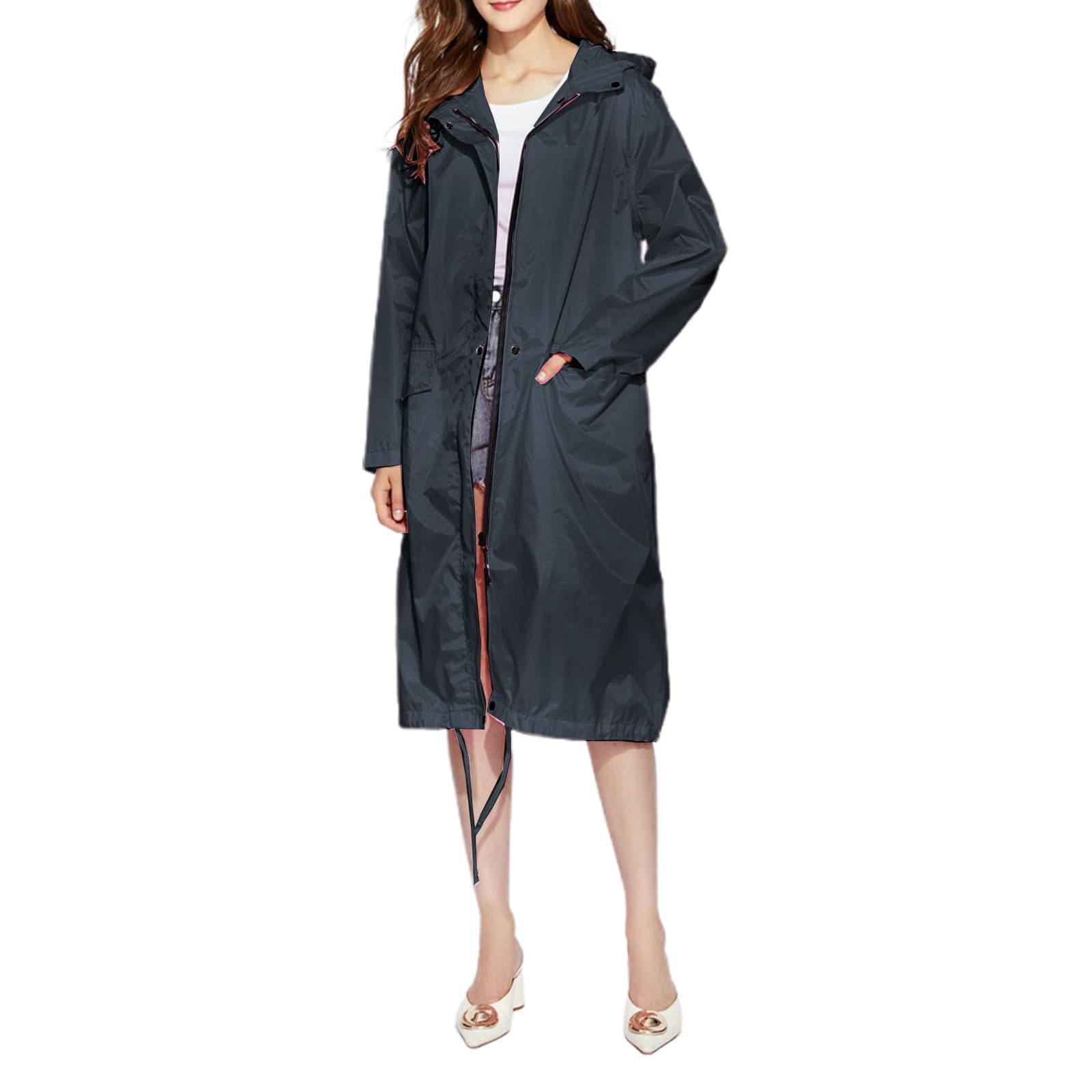 Generisch Chubasquero para mujer, ligero, largo, con capucha, Gabardina de poliuretano, cortavientos de moda para exteriores, chaqueta impermeable de longitud completa
