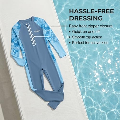 Image of The Mom Store Boys Swimsuit | Soft Stretchy Polyester Elastane Swimwear | Stylish Trendy Printed Swim Wear for Beach & Pool | One-Piece Swimming Costume for Kids Boys | Swimsuit with Front Zipper