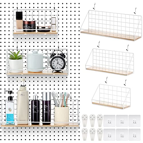 Roowest 3 Sets Metal Pegboard Shelves with Steel Peg Board Brackets and Hooks Wall Organizer Storage Display Tray Accessories for Craft Room Home Office Garage Nursery Workbench Kitchen(White)