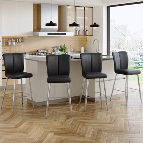 Image of Counter Height Bar Stools Set of 4,27''Kitchen Island Stools with Back,Black Barstools with Sturdy Metal Legs,Modern Bar Stools Ideal for Kitchen Island Pub Cafe(Faux Leather-Black)