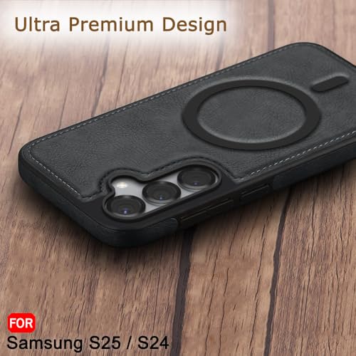 Image of TheGiftKart Genuine Leather Finish Back Cover Case for Samsung Galaxy S25 / S24 5G | Raised Edges for Camera & Screen Protection | Shockproof Stunning Minimalist Design (MagSafe Compatible, Black)