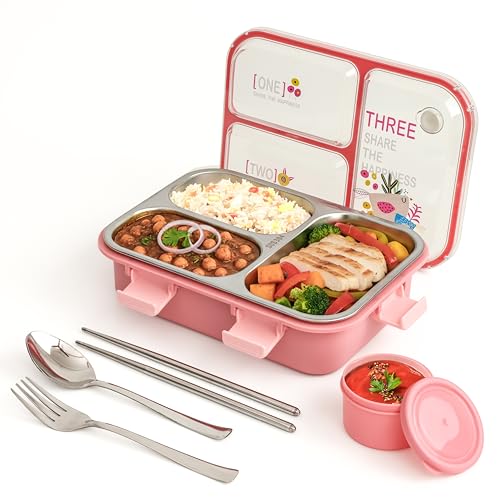 Image of Brand Conquer Lunch Box Leak-Proof BPA Free Stainless Steel for School, Lunch Box for School & Office with a Fork, a Spoon and a Pair of Chopsticks (Pink, Happiness 3 Compartment Lunch Box)